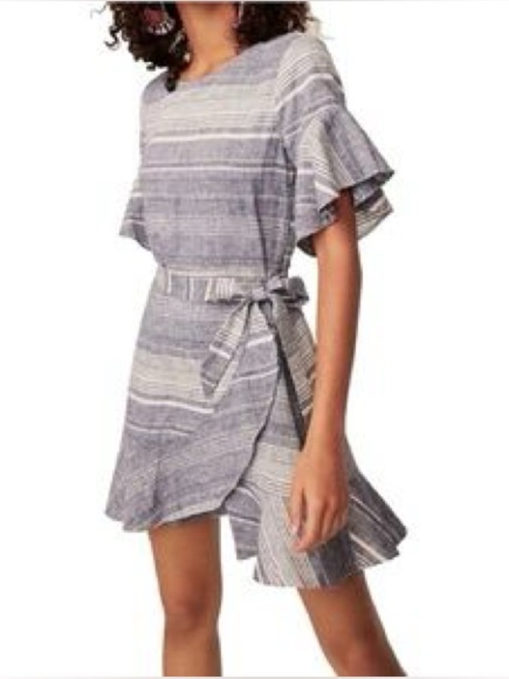 Express Linen Cotton Blue & White Striped Ruffle Wrap Dress Medium